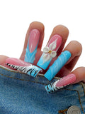 10PCS Pink and Blue Press On Nails – Long Coffin Fake Nails with Zebra Print, 3D Flower Charms & Swirl Design, Glossy Reusable Y2K Summer Nails for Women and Girls – Euphrosyne