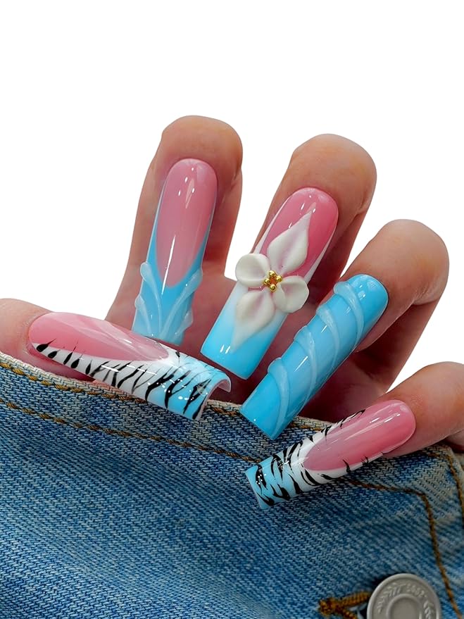 10PCS Pink and Blue Press On Nails – Long Coffin Fake Nails with Zebra Print, 3D Flower Charms & Swirl Design, Glossy Reusable Y2K Summer Nails for Women and Girls – Euphrosyne