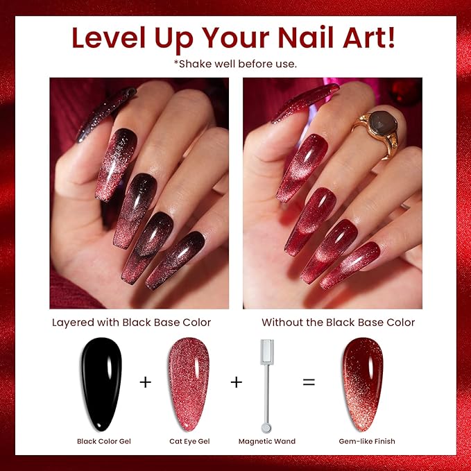 Beetles Cat Eye Gel Nail Polish Set 6 Colors, Glitter Red Shiny Burgundy Purple Magnetic Effect with Beetles 6 Colors Cat Eye Purple Pink Gel Nail Polish Set with Magnet and Double-ended Pen