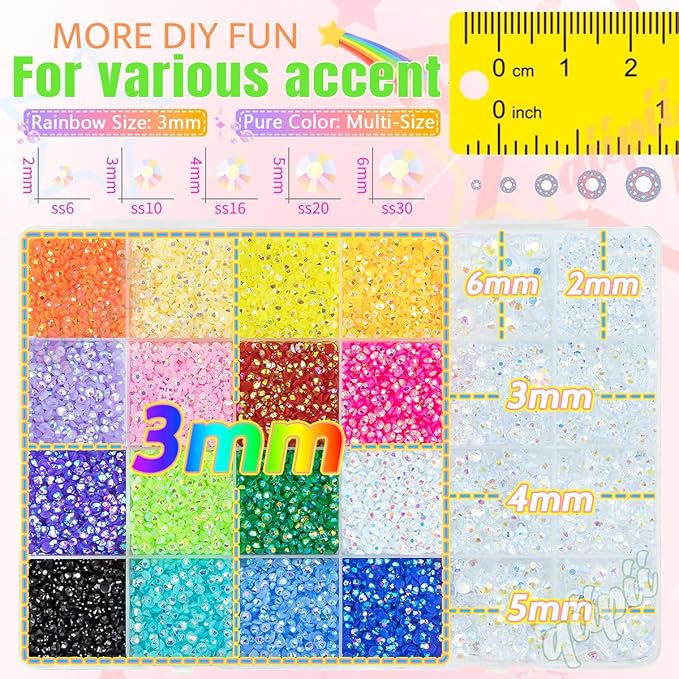2mm-6mm Transparent AB Resin Rhinestones w B7000 Glue for Crafting Bedazzling Flatback Colorful Jelly Stones Diamonds Gems Bedazzler Kit for Nails Face Eyes Makeup Tumblers Bottles Shoes Crafts