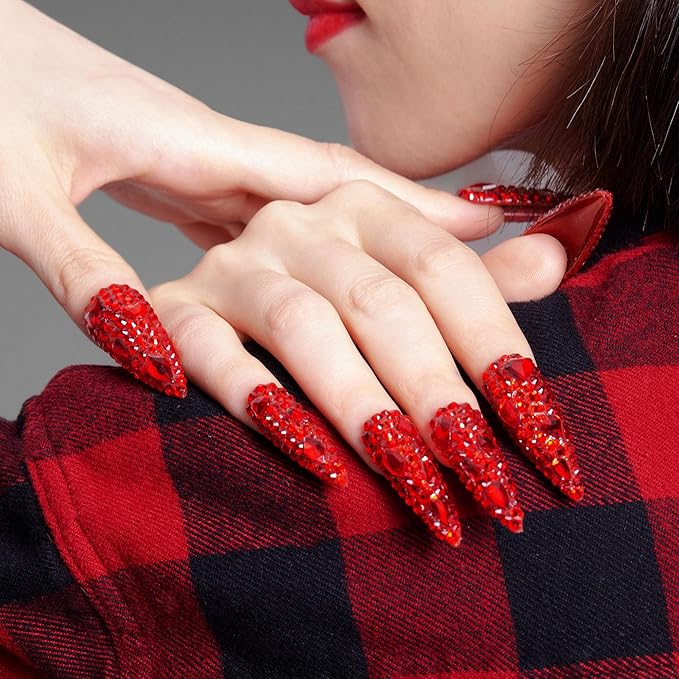 LOVFUL Press on Nails Flaming Luxury Red | Handmade with Full Covered Crystals | Reusable Full Cover Nails | Stiletto Mid Length 1.7 in | H39-M