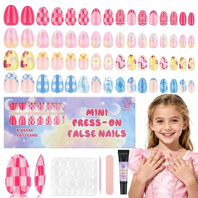 16 Sizes 128 Pieces Press on Nails for Kids, 4 pack Kids Nail Kit Colorful Flower Almond Fake Nail Tips for Girls 8-12 Years Old with Jelly Nail Adhesives & Nail Glue Birthday Gifts Easter