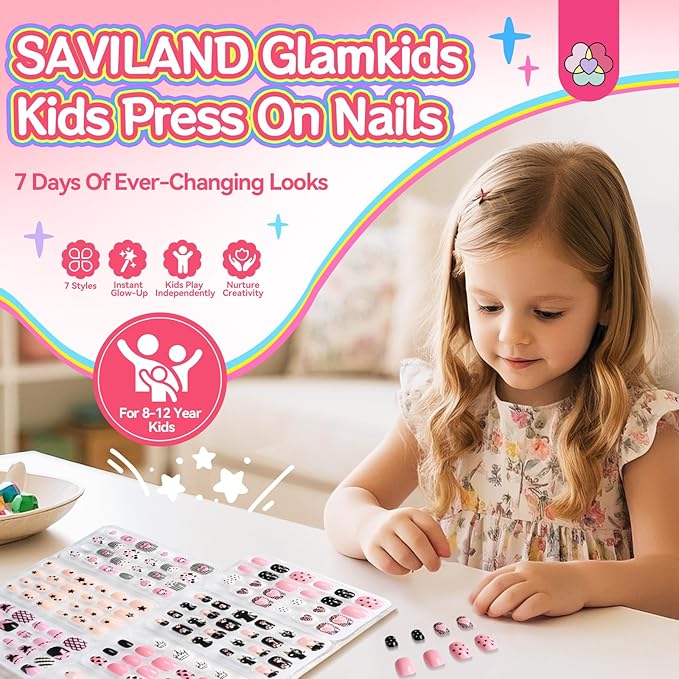 SAVILAND Glamkids Press on Nails for Kids: 7 Days Of Ever-Changing Looks Kids Press on Nails Gentle Fake Nails Pre Glue Full Cover Nails for Christmas Gift Party PlayfulNails