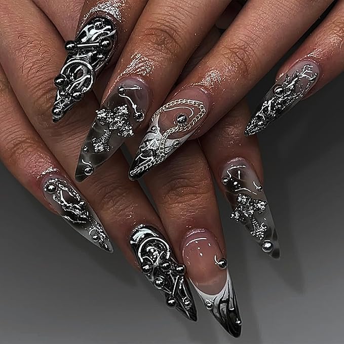 115 pcs Silver Punk Nail Art Kit - 15 Mixed Styles Edgy Charms Guns, Crosses, Hearts, Roses, Stars & Holographic Gems for Grunge, Rocker, Gothic Nail Designs