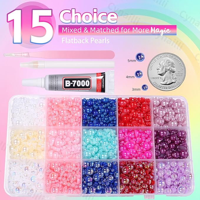 15 Grids Flatback Pearls for Crafting , 3mm-5mm Half Pearl Bedazzling Kit , Colorful Pearls Flatback Beads for DIY Nail Face Eyes Makeup Crafts Tumblers Bottles