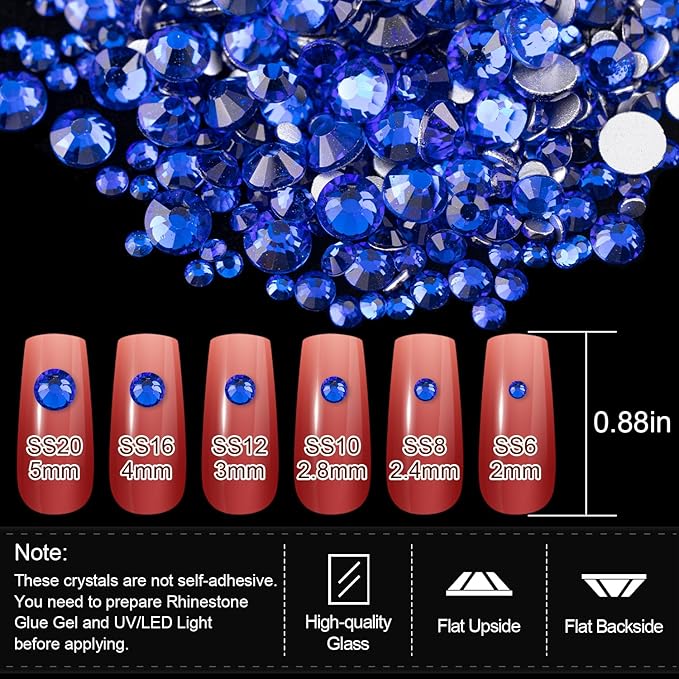 Rhinestones for Nails, Manicure Kit with Rhinestone Glue Gel, Multi Shapes Dark Blue Glass 3D Nail Charms + Flatback 2-5mm Round Beads & Gem Glue (UV/LED Needed) with Dotting Tools