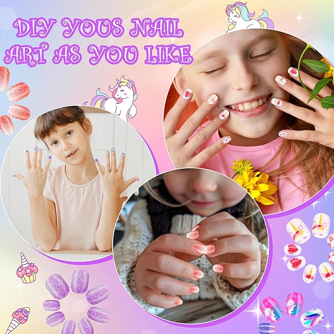 False Nails Press on Nails for Kids-Flower Heart Print Short False Artificial Full Cover Nail Art Kits Nail Glue Tabs for Girls Children (120pcs glitter nails)