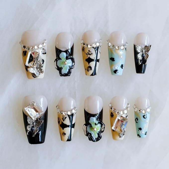 Press On Nails, Long Ballerina Style with 3D Flowers and Crystals, Black and Yellow Design, Handmade False Nail 10 Pieces (Small,LB)