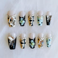 Press On Nails, Long Ballerina Style with 3D Flowers and Crystals, Black and Yellow Design, Handmade False Nail 10 Pieces (Small,LB)