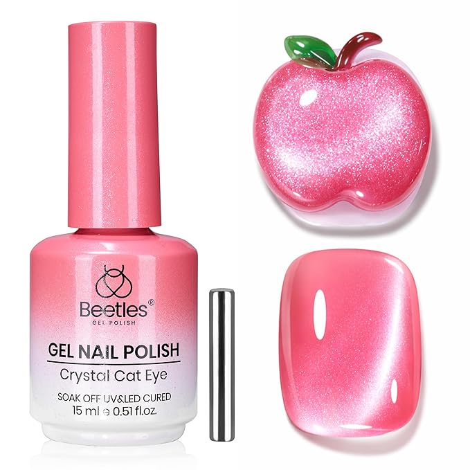 Beetles Apple Sweet Gleam Pink Cat Eye Gel Nail Polish - 15ML Glitter Pink Cat Eye Spring Gel Polish Magnetic Shimmer Effect Soak Off UV Nail Art Design Salon DIY Manicure Gift for Women