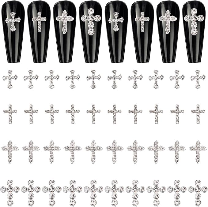 CRASPIRE 40pcs Cross Nail Charms 4 Style Silver Rhinestone Cross Nail Studs Charms 3D Luxury Flat-Back Diamond Crystal Rhinestones Gems Metal Alloy for DIY Nail Art Jewelry Decoration