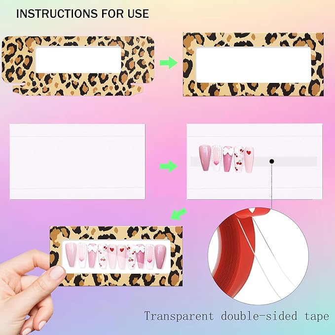 74PCS Press on Nails Packaging Box Set Includes 35PCS Empty Nail Package Box 35PCS White Background Paper 1 Double Sided Tape and 3 Thank You Stickers for Press on Nail Business (Brown Leopard)