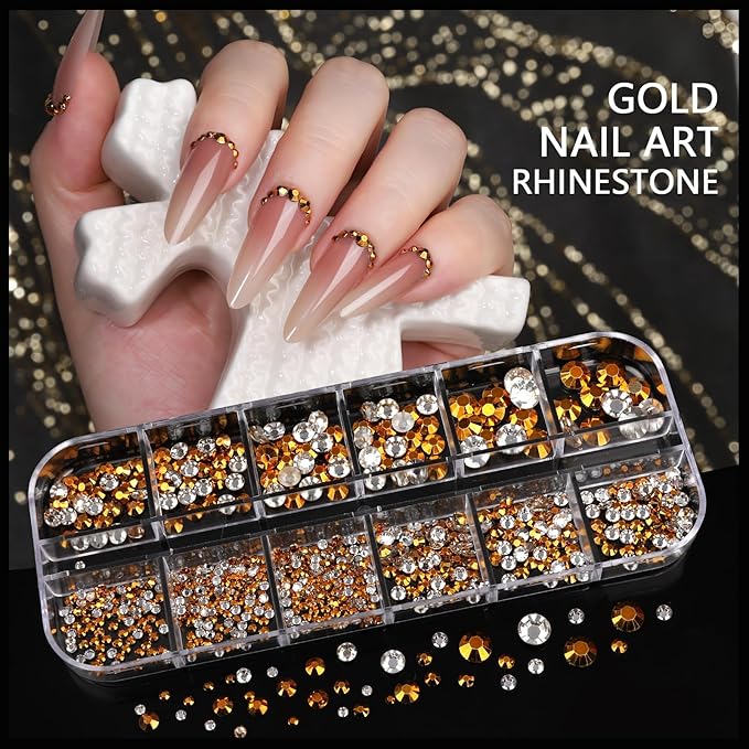 Teentior Nail Charms Gold Rhinestones for Nails with 15 Sheets Gold Nail Stickers, 6 Boxes Nail Gems Pearls for Nails, Cross Nail Charms for Nails Design Nail Art Rhinestones, Caviar Beads for Nails