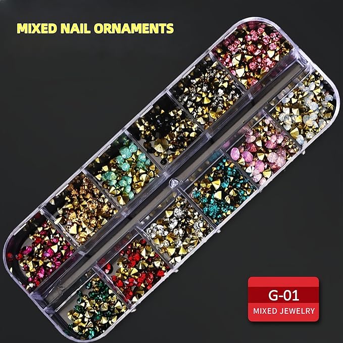 3D Nail Art Charms Kit with 6 Boxes Nail Gems Rhinestones,1 Nail Sculpting Clip,1 Dual-Ended 2-in-1 Brush&Picker Tool–DIY Manicure Set for Wedding,Party,Holiday,Home Salon&Professional Use (SET-A)