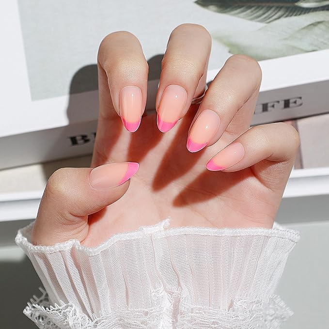 Luxbon French Tip Press On Acrylic False Nails Short Almond with No-Cure Nail Glue and Tool Kit – Glue On Nails Soft Gel Tips 25-30pcs Full Size Set, Reusable Fake Nails for Women, Hot Pink