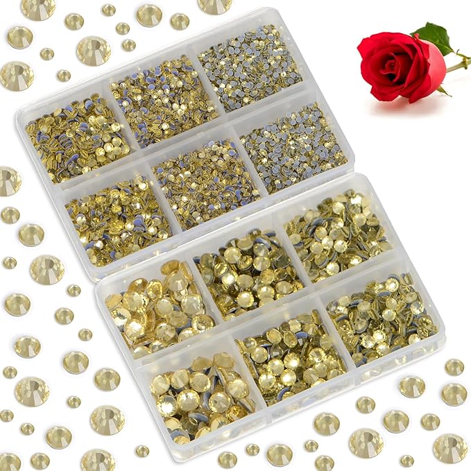 Bymitel Hotfix Crystal Rhinestones Round Gems for Crafts,Mixed 6 Sizes with Wax Pencil Kit, Jonquil 1.6-6.3mm SS4-SS30/8000pcs