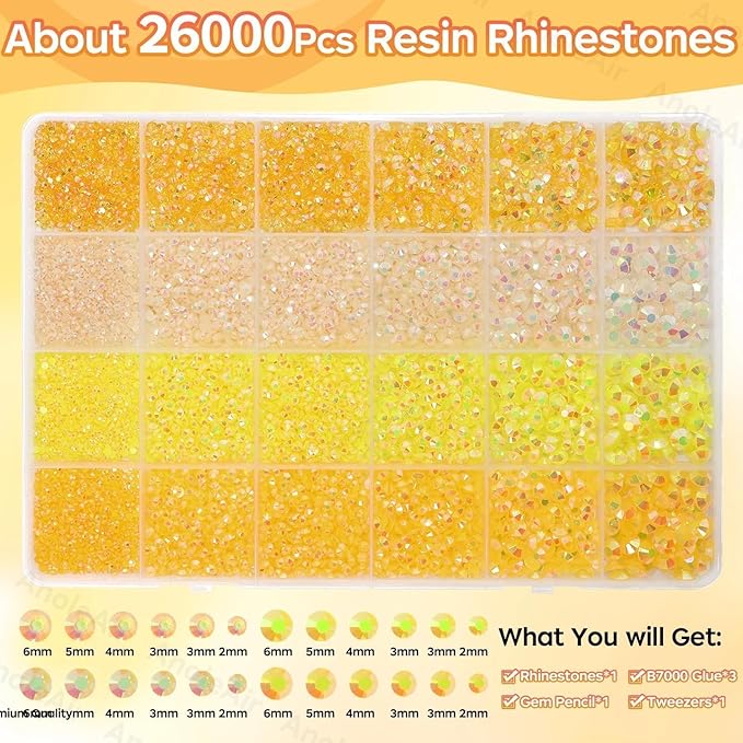 26000PCS Yellow Resin Flatback Rhinestones for Crafting, Resin Rhinestones for Bedazzling Kit, 2/3/4/5/6mm Flatback Gems Jewels for DIY Mugs Tumblers Clothing Shoes Nail Art