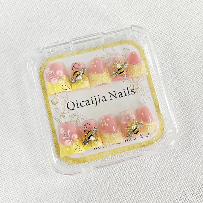 Handmade Press on Nails Duck - Medium Fake Nails Orange Color French Tip False Nails Press ons with 3D Flower and Charms Design Luxury Full Cover Acrylic Stick on Nail for Women 10Pcs(Size M)