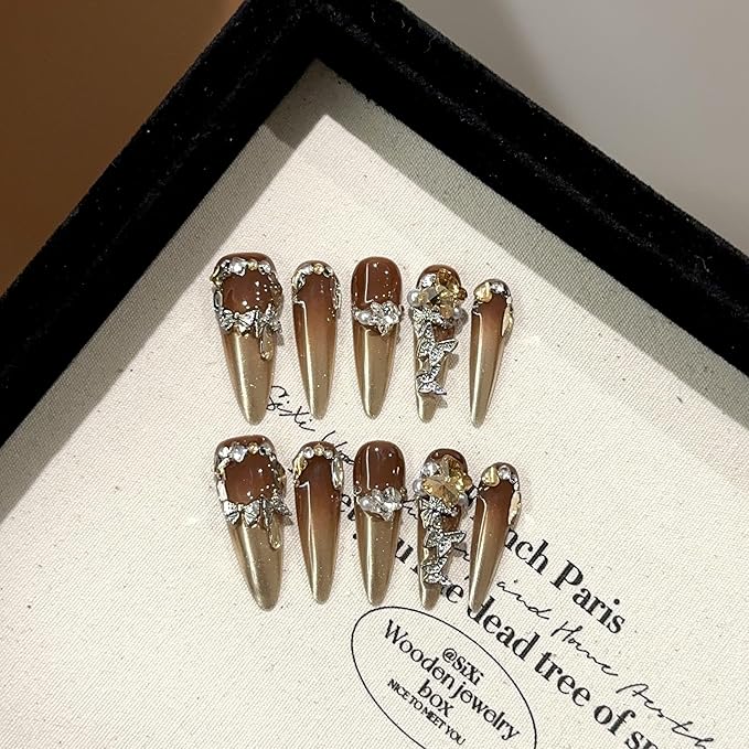 Luxury Long Stiletto Press-On Nails, Brown and Gold Stiletto with 3D Rhinestones and Pearls, Handmade False Nail 10 Pieces (Small, LS)