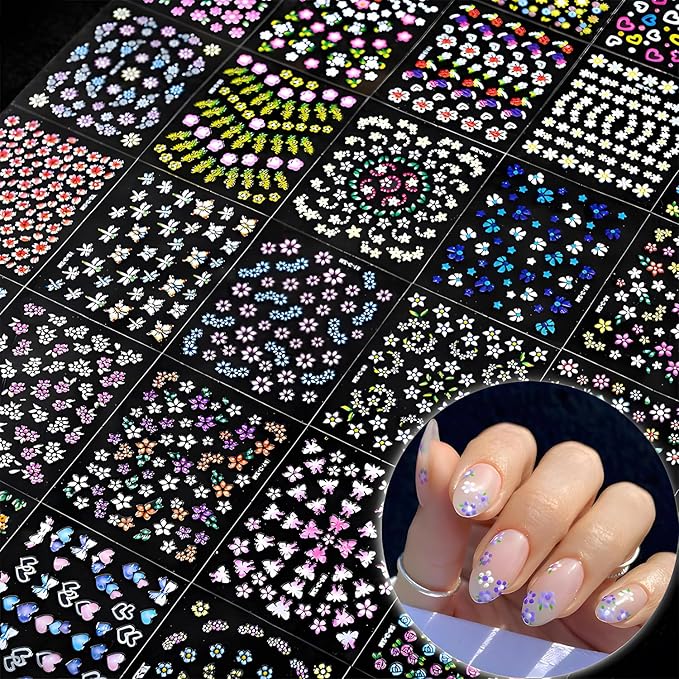 30 Sheets Flower Nail Art Stickers Decals Self-Adhesive Nail Decals Multicolor Floral Designs Nail Supplies Cute Heart Nail Decoration Spring Daisy Nails Accessories for Women