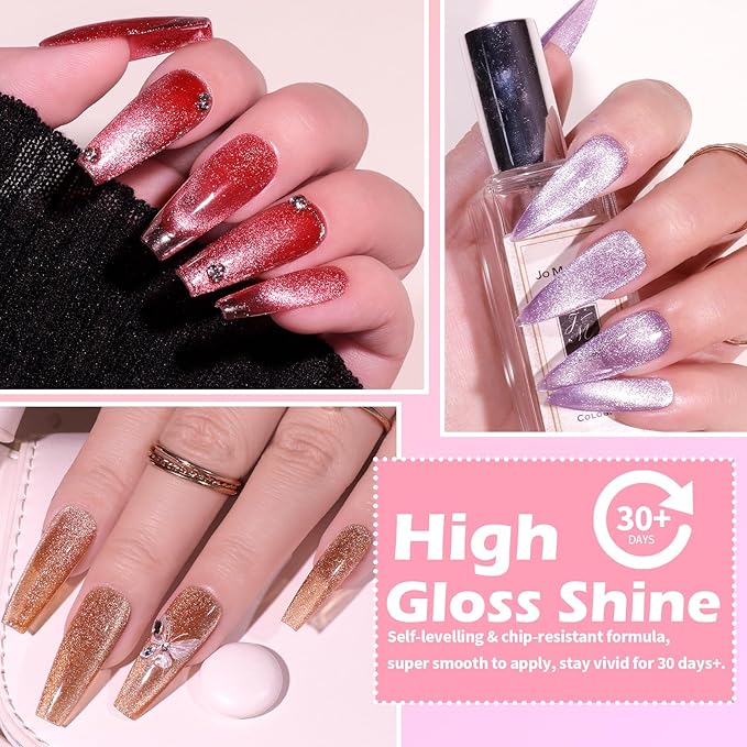 Cat Eye Gel Nail Polish Kit with UV Light，12 Colors Glitter Pink Red Purple Green Blue Gold Shimmer Colors Gel Nail Polish with Magnet Top Base Coat Nail Art Manicure Salon DIY Home Gifts
