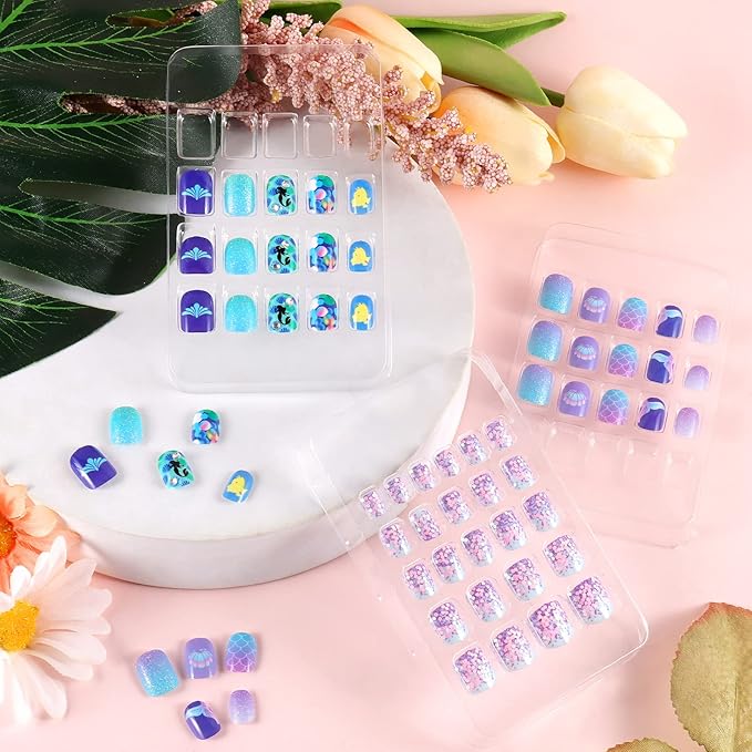 Laza 64pcs Children Nails Press On Pre-glue Full Cover Glitter Tropical Fish Shell Scale Short False Nail Kits for Kids Teenager Girls - Blue Purple Mermaid