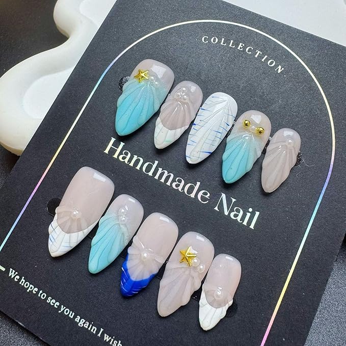 100% Handmade Press on Nails Summer Medium Almond Fake Nails Acrylic Handmade Nails Press Ons Ocean Seashell Waterdrop False Nails for Women Girls Manicure Size M