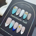 100% Handmade Press on Nails Summer Medium Almond Fake Nails Acrylic Handmade Nails Press Ons Ocean Seashell Waterdrop False Nails for Women Girls Manicure Size M