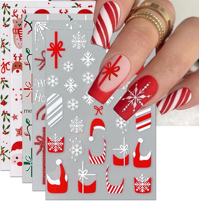Christmas Gift Bow Nail Art Stickers, Santa Hat Elk Snowflake Design, 3D Self-Adhesive Glitter French Nail Tip Winter Holiday Nail Decals for Women (5 Sheets)
