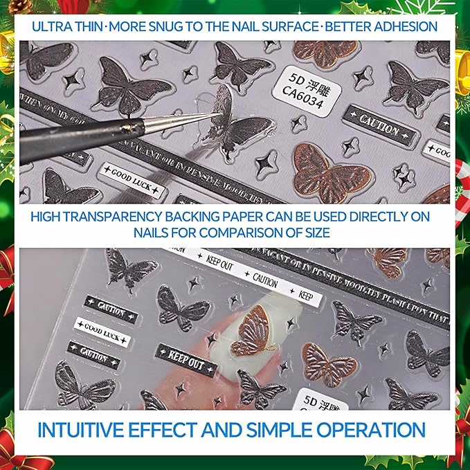 3 Sheets Christmas Tree Nail Art Stickers 5D Self-Adhesive Embossed Cartoon Santa Claus Snowflake Designs Xmas Decals Winter Christmas Tie-Bow Ball Nail Stickers Supplies for DIY Manicure Decor