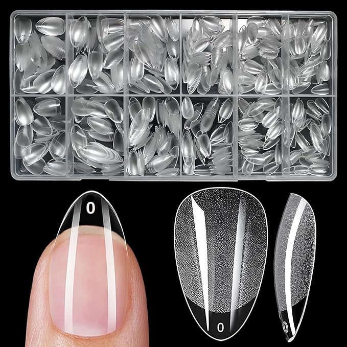 LoveOurHome 600pc Almond Fake Nails - Soft Gel Clear Press-on Short Acrylic Extension Tips, XS Stiletto Full Cover False Artificial Fingernail Tips