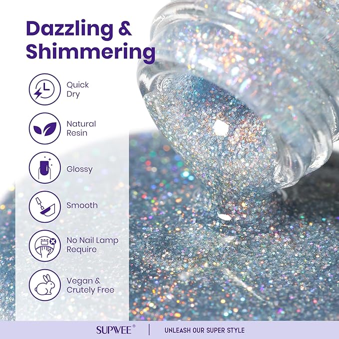 Glitter Nail Polish Quick Dry Finger Nail Polish Non Gel High Glossy Shiny Shimmer Nails Laquer Oil-based Holo Fingernail Air Dry Fast Manicure Gift For Women Girls 16ml, 0.54fl oz