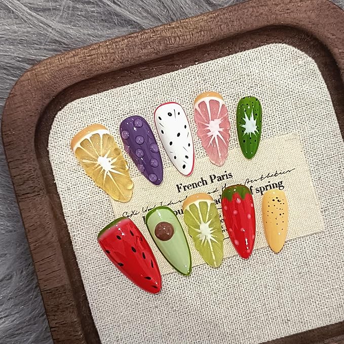 Summer Fruit Press on Nails - Vibrant Almond Shaped Fake Nails with Kiwi, Watermelon & Avocado Designs | Reusable Colorful Nail Art for Women | Tropical Fruit Manicure Set (Medium Length,S)