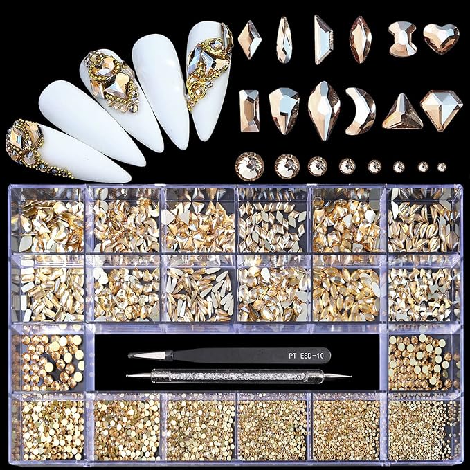 12 Types of 600 Champagne Diamonds + 2500 Flat Rhinestones Mix 20 Styles Flatback DIY Crafts Rhinestone Crystals 3D Ornament‌s Flat Back Stones Set + Tweezers + Drill Pen