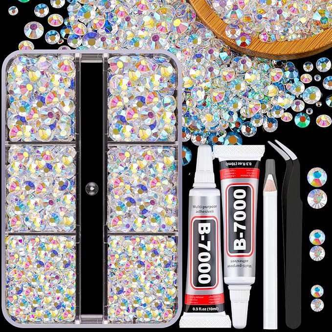 Resin Jelly Rhinestones for Crafting with B7000 Jewelry Glue, 1 Box Transparent AB Flatback Crystals with 2Pcs 10ml Glue, Bedazzling Non Hotfix Gems for DIY Tumblers Clothing Shoes Manicure