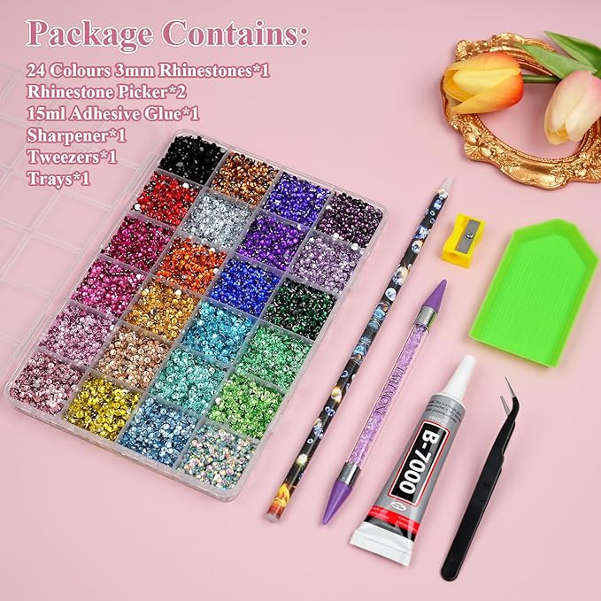 Resin Jelly Rhinestones for Bedazzling, EARLMONI Multi Colord Bedazzler Kit with 15ml B7000 Glue Rhinestone Pen Tool for Clothes Nail Art (C 24 Colors, 3MM)