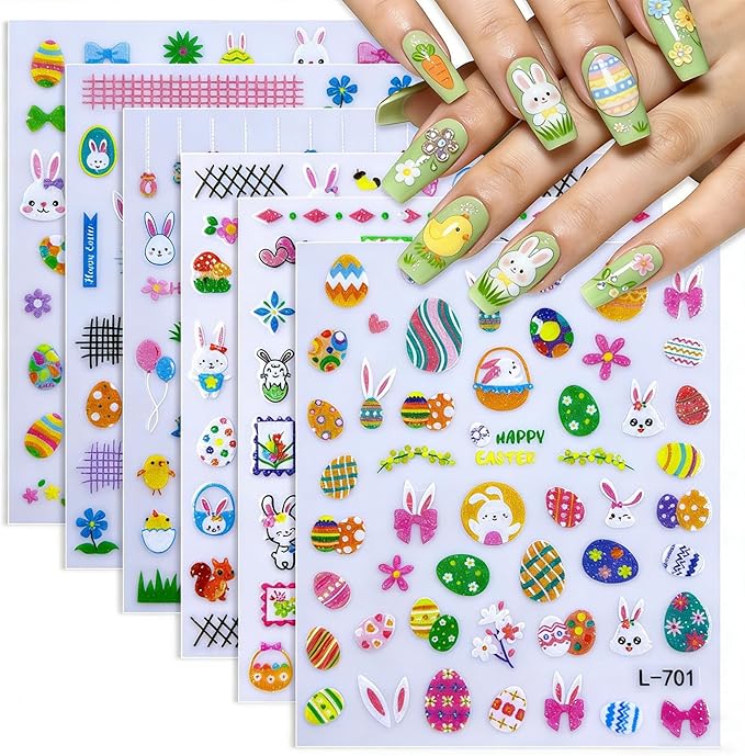 Easter Glitter Nail Art Stickers Decals 3D Self-Adhesive Nail Art Accessories Cartoons Bunny Chick Egg Designs Sticker Lovely Easter Manicure DIY Nail Decorations 6 Sheets