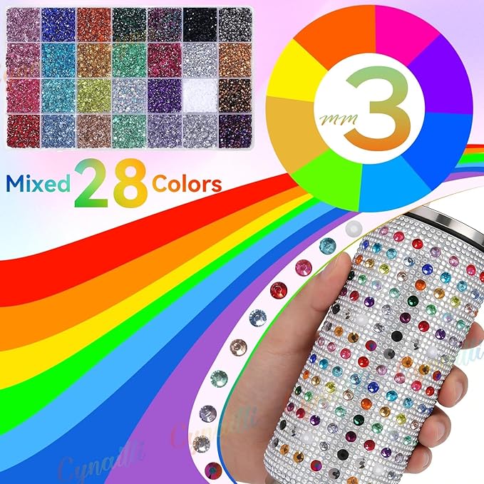 32000Pcs 3MM Colors Flatback Rhinestones for Bedazzling Kit, Colored Gems Rhinestones for Bedazzling, Colorful Gems Bedazzled for Crafting DIY Face Fabric Makeup Crafts Tumblers