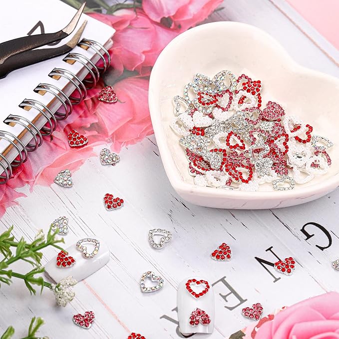 Sadnyy 100 Pcs Valentine Heart Nail Charms for Nail Art, 3D Heart Rhinestone Decals Silver Crystal Charms Diamond Alloy Gems for Women Valentine's Decorations(Elegant)