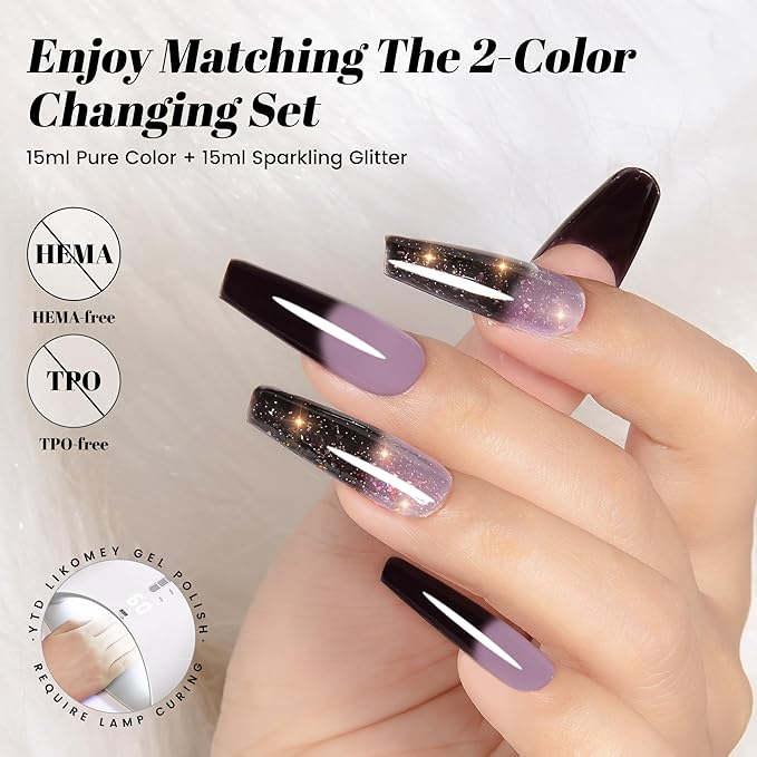 YTD Likomey Color Changing Gel Nail Polish 2 Pcs Set,15ml Grayish Purple to Black Pure Color and Brocade Glitter Kit,Thermal Ombre Change Colors Manicure UV Varnish,WB2-05