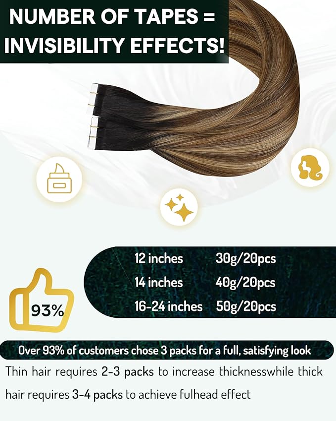 RUNATURE 20 Inch Tape in Extensions Human Hair Natural Black Ombre Blonde Hair Extensions for Women Real Hair Smooth Textured Can Be Curled Easy to Install #1B/4/27