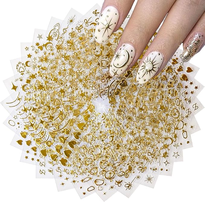 30 Sheets Gold Nail Sticker 3D Self-Adhesive Nail Decals Star Moon Heart Cute Knot Bow Design Nail Art Stickers for Women DIY Nail Art Decoration Accessories