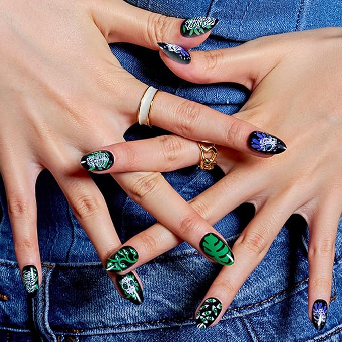 GLAMERMAID Black Emo Press On Nails Short Almond, Handmade Soft Matte Gel Fake Nails with Gothic Snake Skull Ghost Design, Round Oval Stick Glue on Nails Kit for Women, Reusable Acrylic False Nail Set