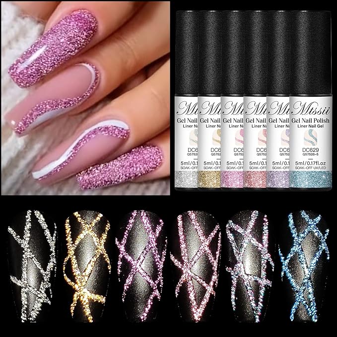 MTSSII Reflective Glitter Liner Nail Gel, Paint Gel With Thin Art Brush In Bottle, Sparkly Liner Nail Art Polish, Painting Polish for Swirl Nails Cyber Punk French Acrylic Nail