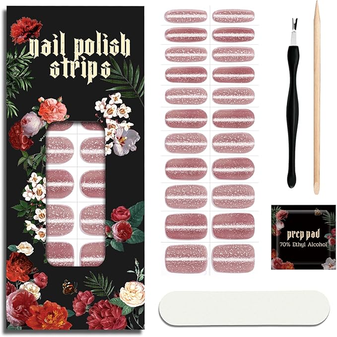 Nail Polish Strips (No UV Lamp Needed) - 22 Pcs Salon Quality Gel Nail Stickers - Long Lasting Wraps (Rococo Rose Pink)