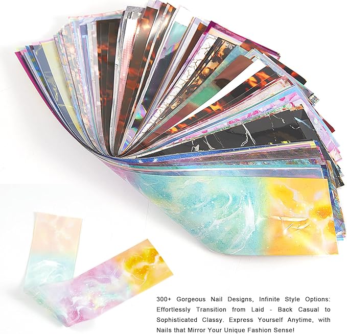 SILPECWEE 300Pcs Nail Foil, Holographic Nail Art Foil Laser Rainbow Leopard Transfer Foils for Nails Paper 3D Nail Stickers Fingernail Wraps Decals Manicure Design Kit Nails Decoration