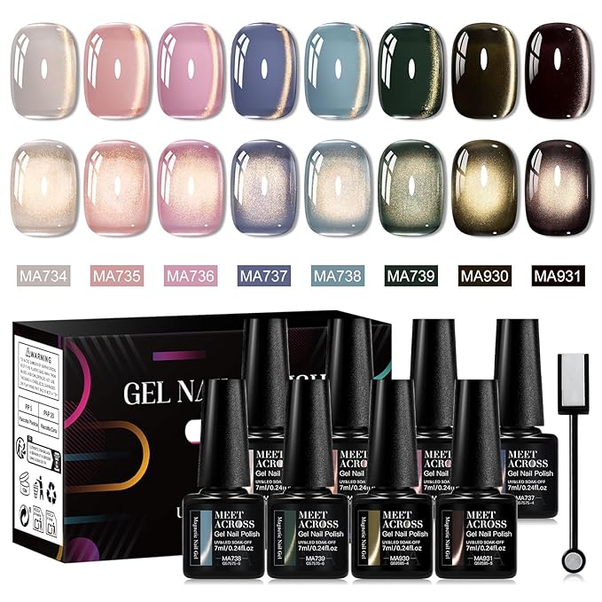 MEET ACROSS 8PCS/SET Light Golden Magnetic Gel Nail Polish Kit, Semi-Permanent Soak Off LED, Super Bright Cat Eye Series Nail Art Gift for Women