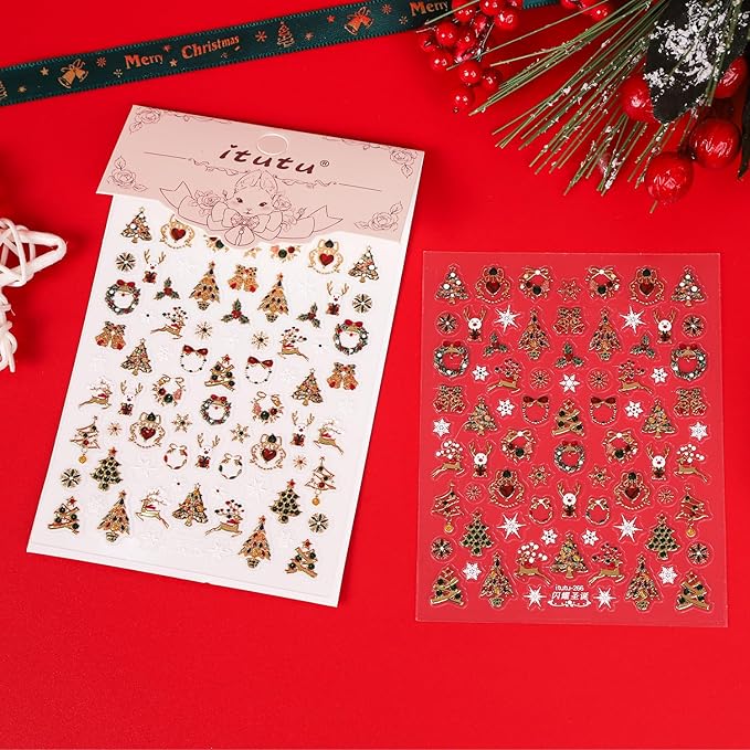 Keluna Christmas Nail Art Stickers - 2Pcs 5D Embossed Shinny Gold Xmas Nail Stickers, Winter Snowflake Nail Decals, Elk Wreath Xmas Tree Nail Decals for Women DIY Manicure Decorations Accessories