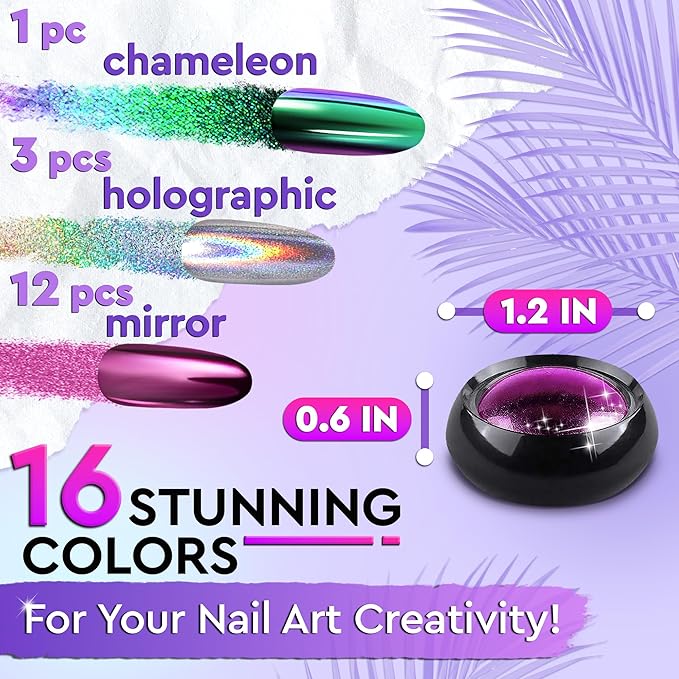 Chrome Nail Powder Set – 16 Colored Nail Chrome Powder Set with Gold, Silver, Copper, Blue, Green & Red Pigments – Mirror, Holographic & Chameleon Effects for Trendy Nails Looks with Luminous Shine
