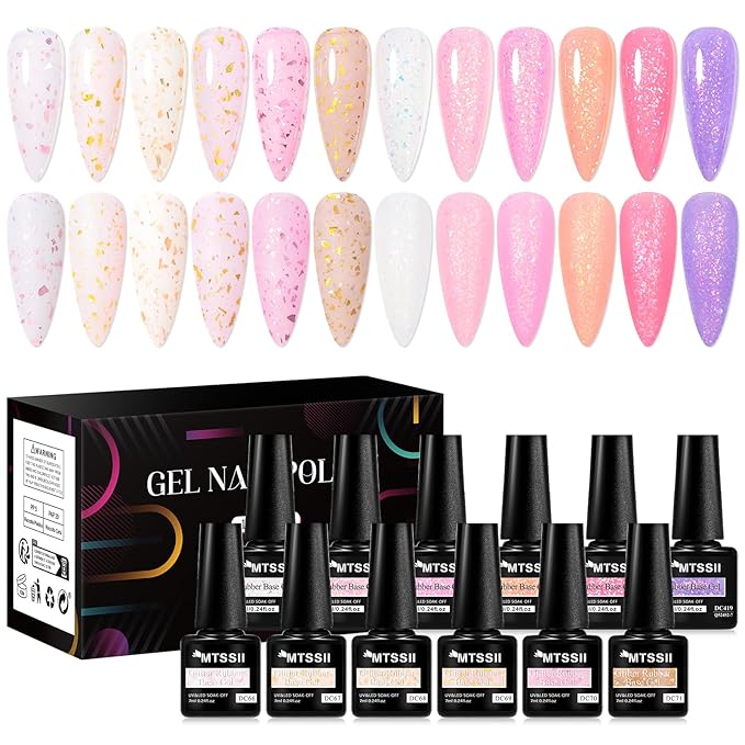 MTSSII 12 Colors Rubber Base Gel Set, Jelly Builder Gel Nude Sheer White Pink Purple Gold Foil Cloud-pattern Brocade 2-in-1 Soak Off Base Nail Strengthener Kit